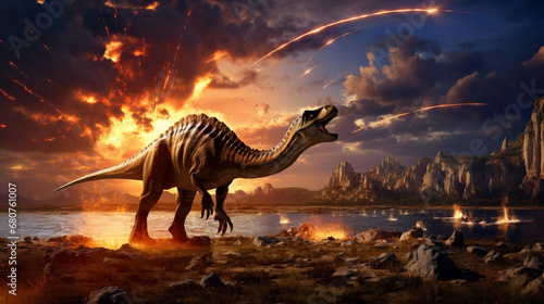 Fototapeta Naklejka Na Ścianę i Meble -  The dinosaur is screaming after the meteorite impact explosion. Illustration of the extinction of the dinosaurs. Innovative AI.