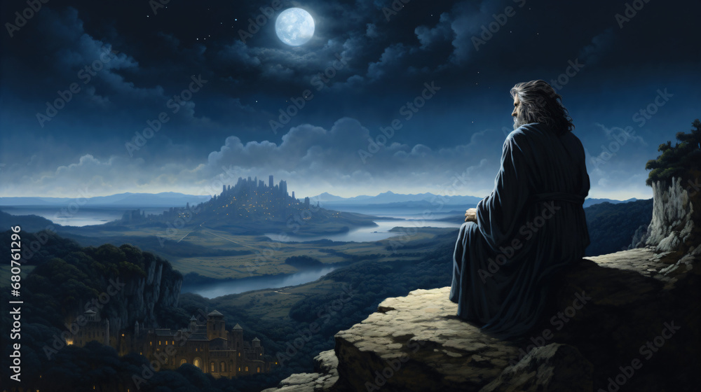 An old man sitting on top of a cliff looking at the sky dark fantasy illustration
