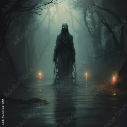 A bog monster with glowing eyes on a swamp