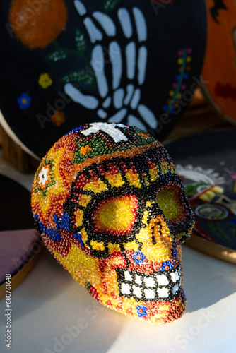 Styrofoam skull or catrina decorated with Mexican patterns for Day of the Dead