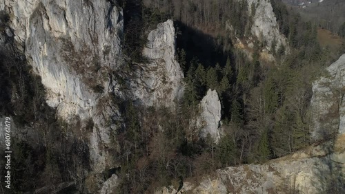 Flight through Klus, gorge incision near Zwueschbergen with the Balmflue, first Jura chain, in the background Balm near Guensberg, drone image, Solothurn, Switzerland, Europe photo