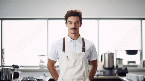 Young man in apron standing in modern kitchen