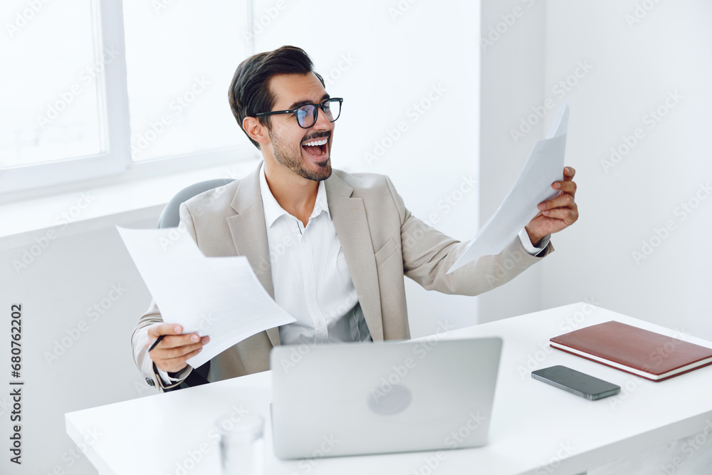 Holding paper laptop office planning company businessman Holding paper laptop office planning company businessman