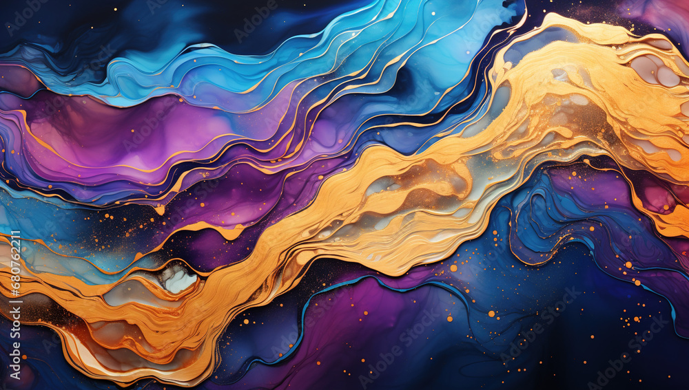 Luxury Liquid Acrylic Swirls in Purple, Blue  and Gold paint Fluid Art Background Wallpaper