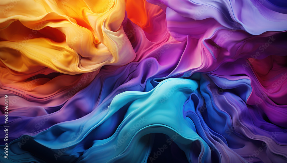 Luxury Satin Silk Wave Flowing Swirls in Purple, Blue  and Yellow Fluid Art Background Wallpaper