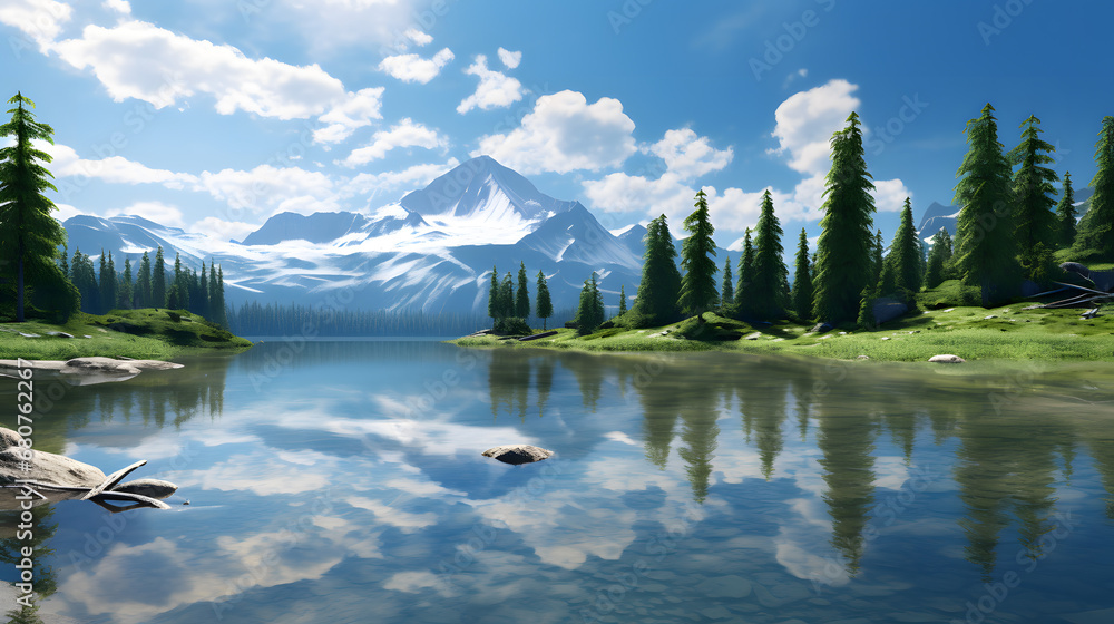 Naklejka premium Lovely mountains are to the east of the lake