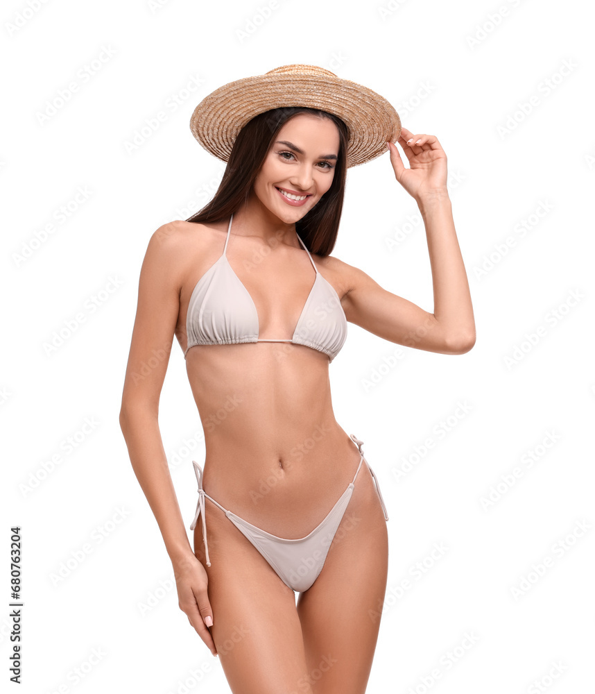 Young woman in stylish bikini isolated on white Young woman in stylish bikini isolated on white