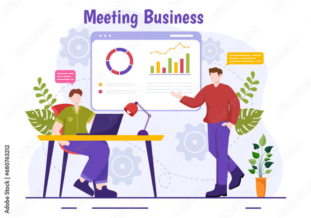 Business Meeting Vector Illustration with Businessman and Employees on Presentation Conference at Project Strategy in Flat Cartoon Background Business Meeting Vector Illustration with Businessman and Employees on Presentation Conference at Project Strategy in Flat Cartoon Background