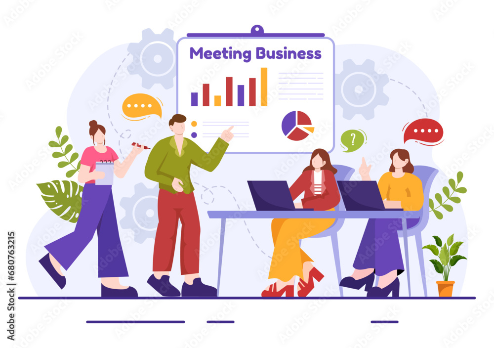 Business Meeting Vector Illustration with Businessman and Employees on Presentation Conference at Project Strategy in Flat Cartoon Background