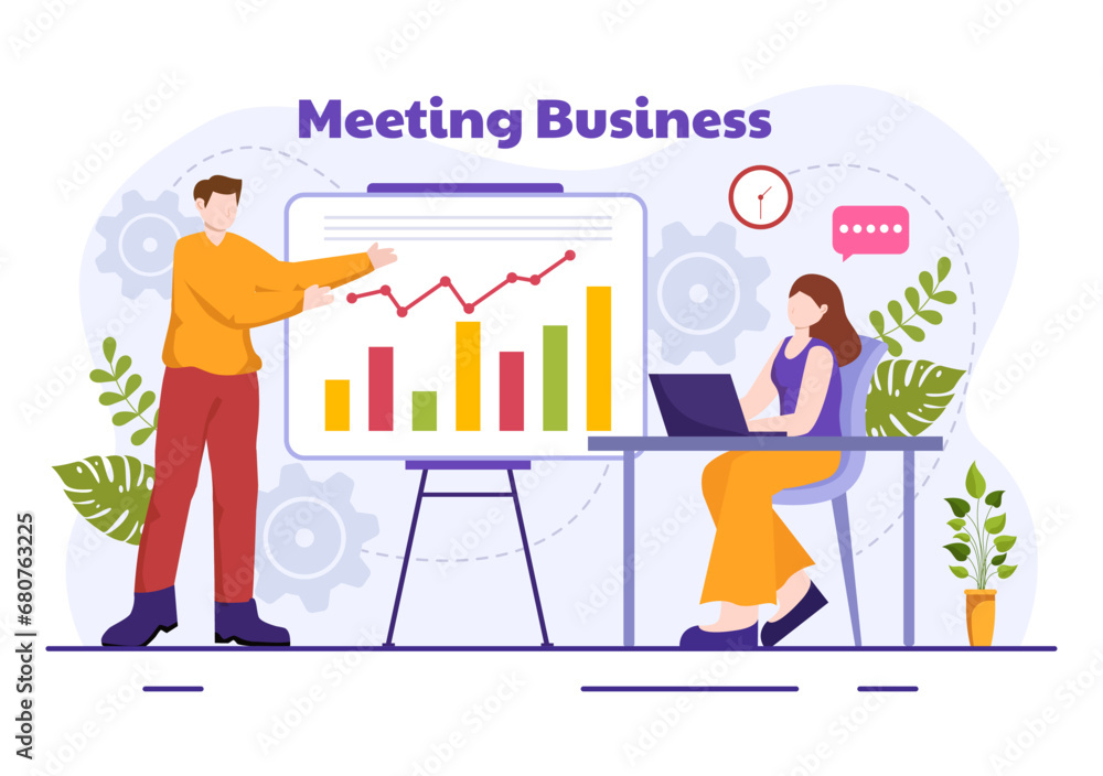 Business Meeting Vector Illustration with Businessman and Employees on Presentation Conference at Project Strategy in Flat Cartoon Background Business Meeting Vector Illustration with Businessman and Employees on Presentation Conference at Project Strategy in Flat Cartoon Background