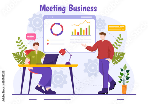 Business Meeting Vector Illustration with Businessman and Employees on Presentation Conference at Project Strategy in Flat Cartoon Background