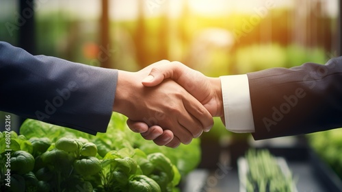 handshake of businessman and vegetables in background