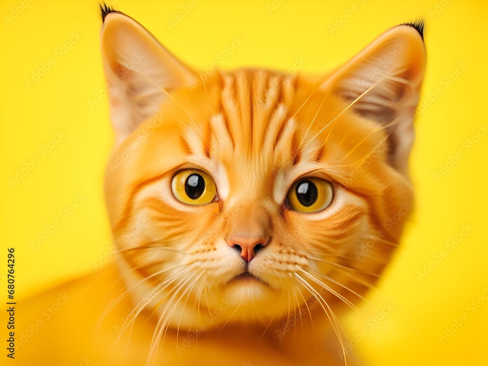 portrait of cute cat with a big eyes on yellow studio background