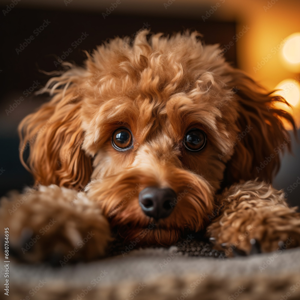 Cute puppy resting on a cozy rug looking innocent. Created with Generative AI technology