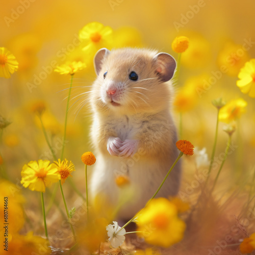 Cute hamster holding flower in a field of yellow and orange wildflowers. Created with Generative AI technology