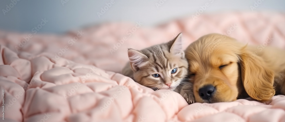 Adorable cat taking nap with puppy on comfy bed. Created with Generative AI technology Adorable cat taking nap with puppy on comfy bed. Created with Generative AI technology