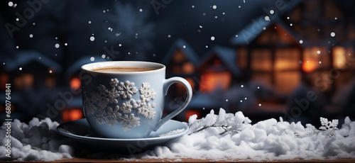 A coffee cup with snowflakes and a blurred winter background with lights. Generative AI.  photo