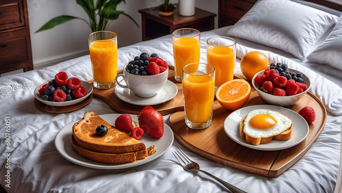 breakfast on the table, Brown table on white background, Breakfast on bed with coffee, breakfast, bed, coffee, morning, 