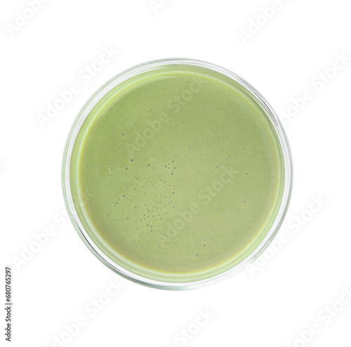 Glass of tasty matcha smoothie isolated on white, top view