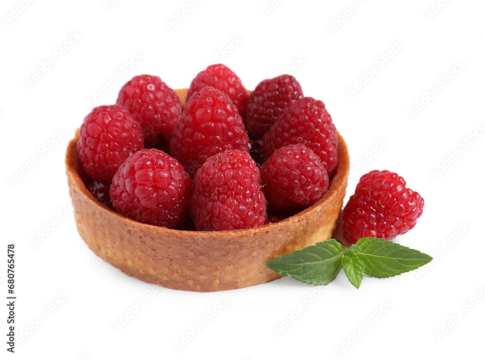 Tartlet with fresh raspberries and mint isolated on white. Delicious dessert Tartlet with fresh raspberries and mint isolated on white. Delicious dessert