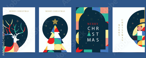 Christmas geometric background with christmas tree,reindeer.Editable vector illustration for postcard,a4 size