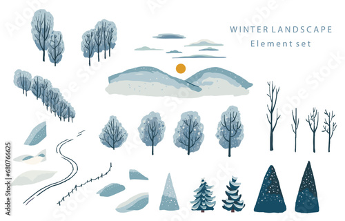 winter landscape object with mountain,tree.Editable vector illustration for postcard,sticker,decoration,icon