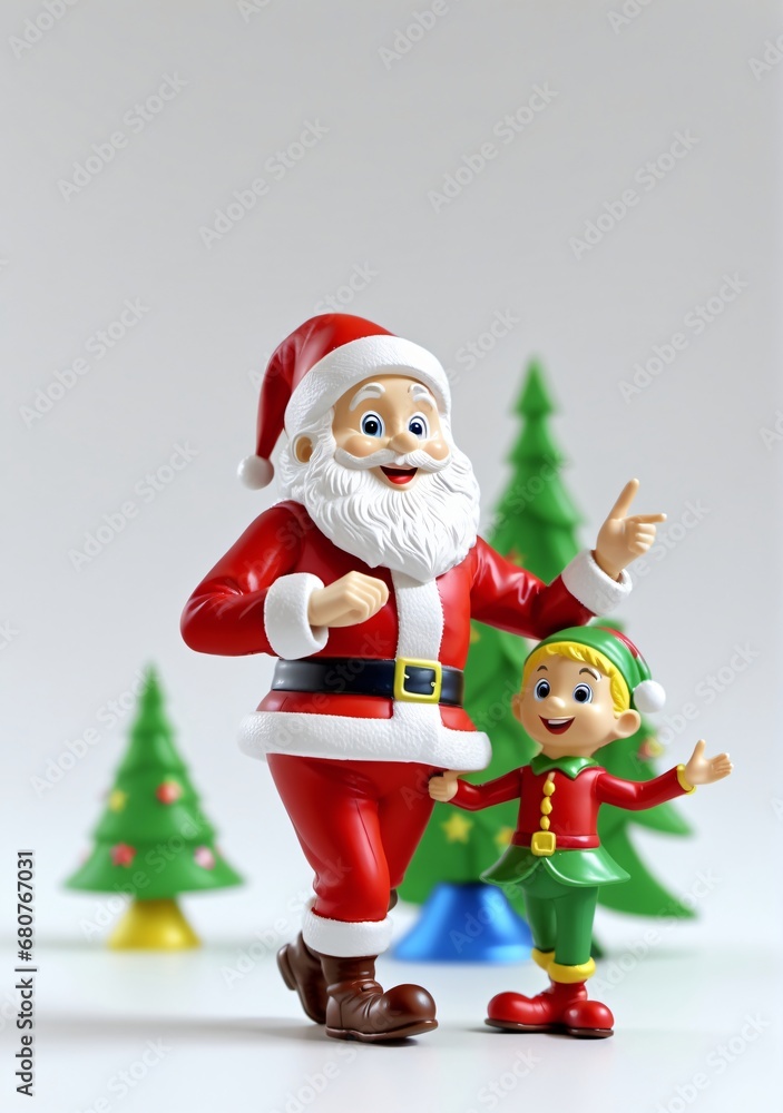 3D Toy Of Santa Claus Teaching A Dance To The Elves On A White Background. 3D Toy Of Santa Claus Teaching A Dance To The Elves On A White Background.