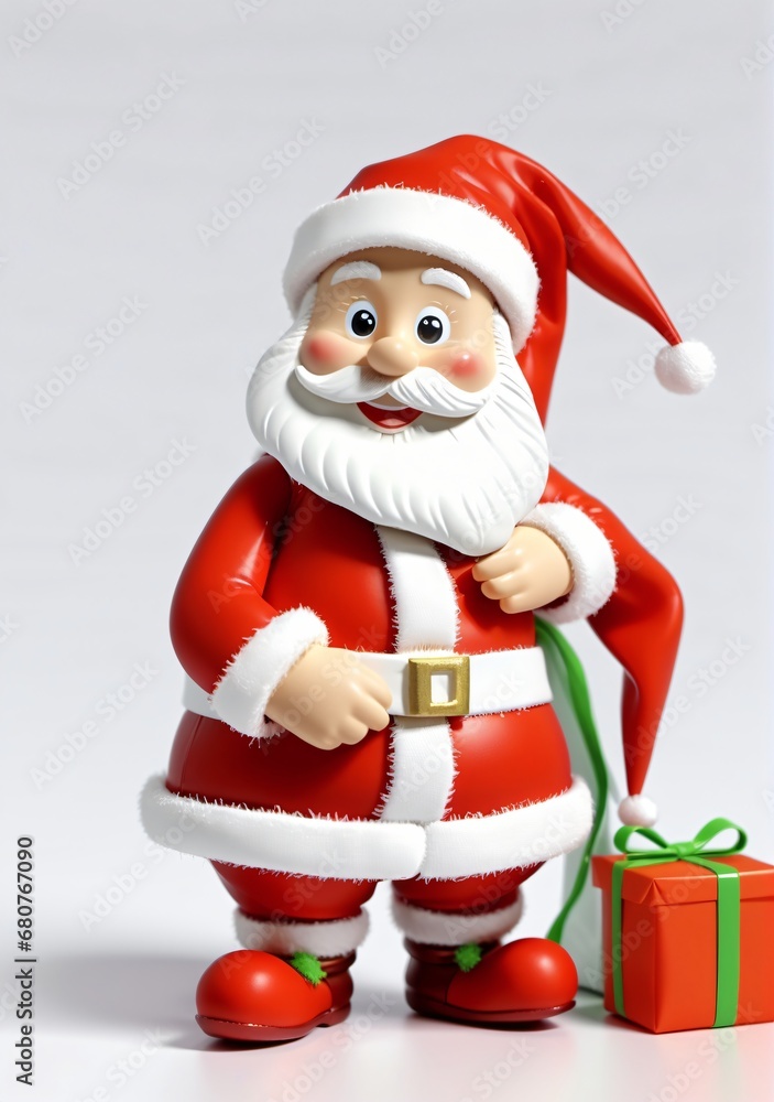 3D Toy Of Santa Claus Wrapping Presents With A Bow On A White Background. 3D Toy Of Santa Claus Wrapping Presents With A Bow On A White Background.
