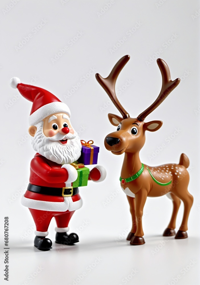 3D Toy Of Santa Claus Teaching Reindeer Tricks On A White Background.