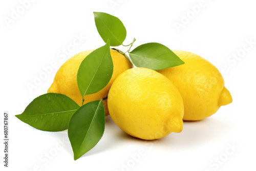 A close-up of a bright yellow lemon with fresh green leaves Isolated White Background