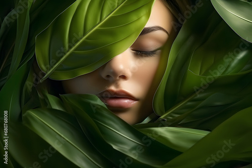 Young Woman Behind Leaf in Tropical Garden, Blending Nature & Art