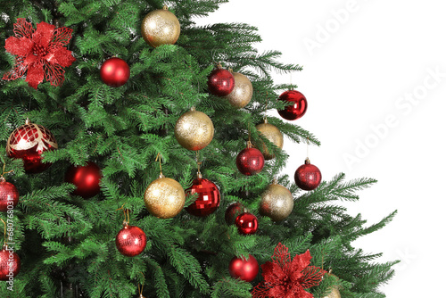 Beautiful Christmas tree decorated with ornaments isolated on white