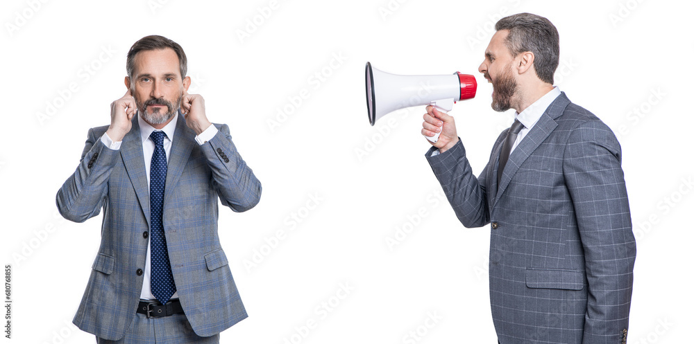 promotion concept. business promotion ideas. businessman shouting in loudspeaker isolated on white. business man promoter has conflict. businessman promoting idea for business with copy space promotion concept. business promotion ideas. businessman shouting in loudspeaker isolated on white. business man promoter has conflict. businessman promoting idea for business with copy space