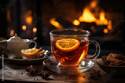 a cup of tea with lemon on a wooden table against the backdrop of a burning fireplace. The concept of home coziness and comfort.