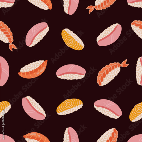Fresh nigiri seamless vector pattern. Japanese sushi with rice, salmon, tuna, shrimp, tamago omelette. Traditional Asian fish rolls, seafood appetizer on a dark background. Flat cartoon illustration