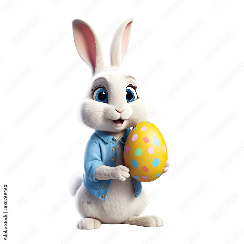 Fototapeta premium Charming Cartoon Rabbit Cradling a Decorated Easter Egg, Symbolizing Springtime Joy and Easter Celebrations, Rendered with a Transparent Background for Versatile Design Use