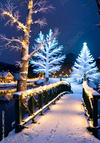 Christmas Lights On A Bridge, With A View Of A Snowy Riverbank.