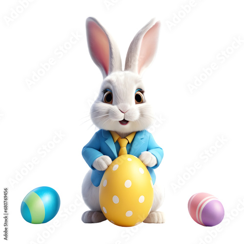 Charming Cartoon Rabbit Cradling a Decorated Easter Egg, Symbolizing Springtime Joy and Easter Celebrations, Rendered with a Transparent Background for Versatile Design Use