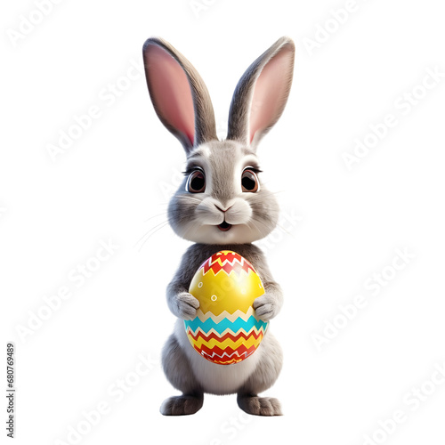 Charming Cartoon Rabbit Cradling a Decorated Easter Egg, Symbolizing Springtime Joy and Easter Celebrations, Rendered with a Transparent Background for Versatile Design Use