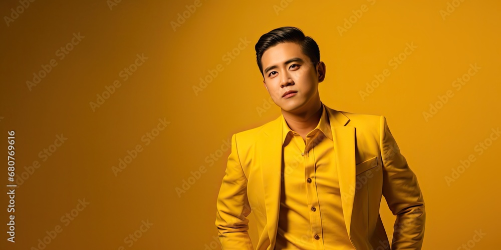 Fototapeta premium an asian man in a yellow suit posing on a golden background, generative AI