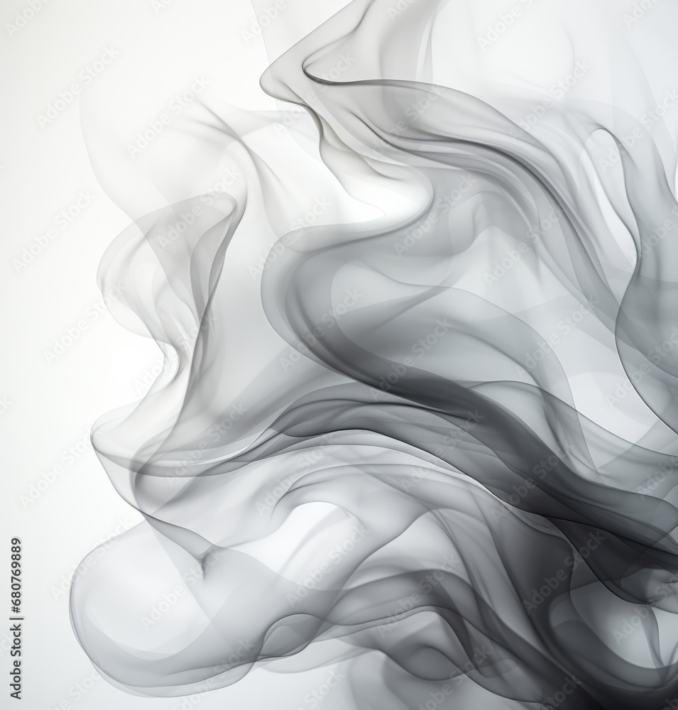 Black smoke, incense or gas in a studio with white background by mockup space for magic effect with abstract. Fog, steam or vapor mist moving in air for cloud smog pattern by light backdrop with bann