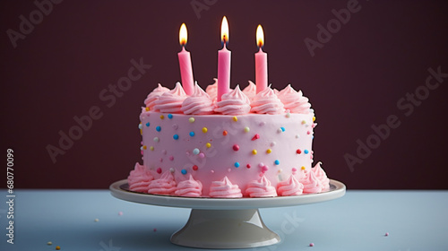 PInk birthday cake with candle on table with brown isolated background