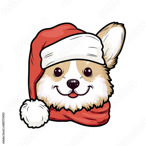 Uroczy piesek rasy corgi w czapce Świętego Mikołaja. Ilustracja świąteczna.