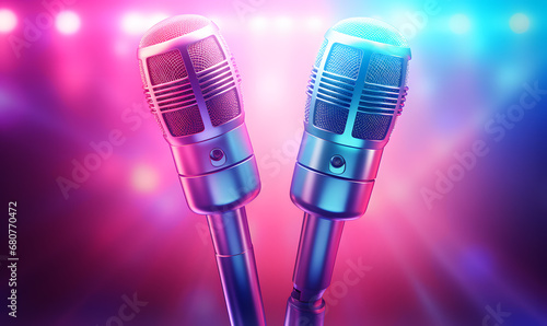Close-up on a microphone on a background illuminated by many colorful and blurry lights