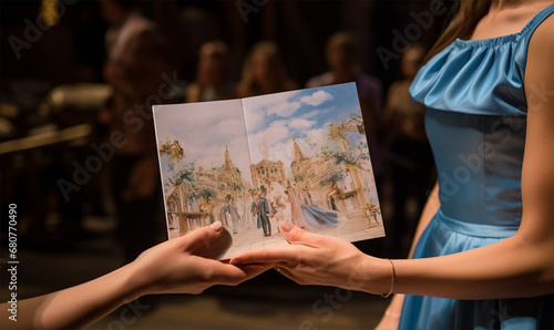 a young woman in an evening dress with a program for a concert or performance in her hands .on a blurred background of the theater. 