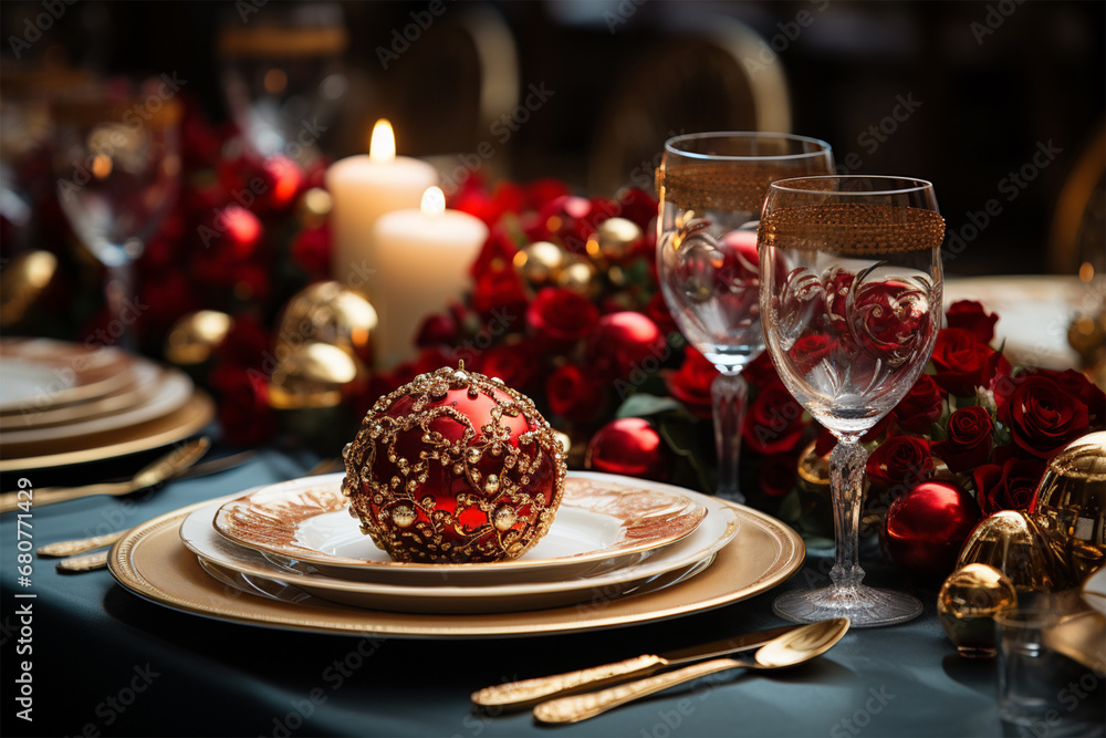  elements of decoration and Christmas table setting in red and gold tones and round balls and flowers