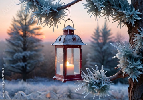 A Rustic Christmas Lantern Hanging From A Frosted Tree Branch, At Dawn. © Pixel Matrix