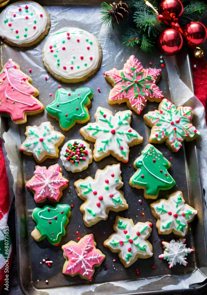 Christmas Cookies With Icing And Sprinkles, On A Baking Sheet In A Festive Kitchen.