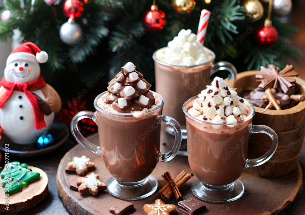 A Christmas Hot Chocolate Bar With Various Toppings, In A Cozy Café. A Christmas Hot Chocolate Bar With Various Toppings, In A Cozy Café.