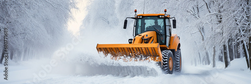 A snowplow removes snow from the road during a winter snowstorm or after a snowfall. The work of city services during a snowstorm and snow removal photo